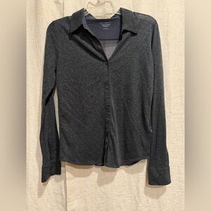 Cashmere and Silk, Charcoal Gray and Navy Button-Up Blouse
